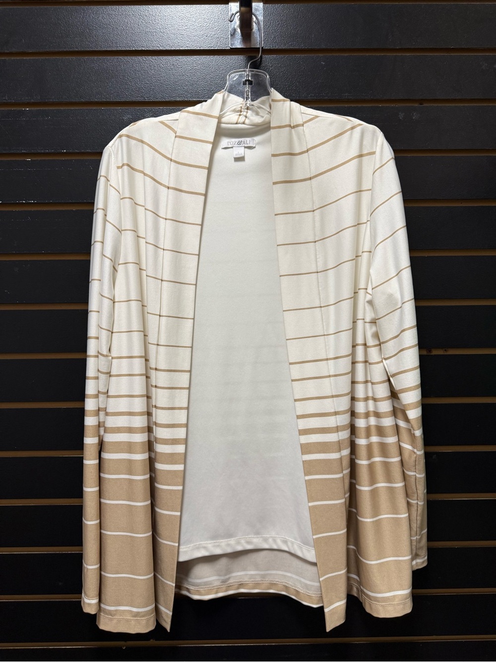 Roz & Ali Women’s Large Ivory Tan Striped Open Front Cardigan